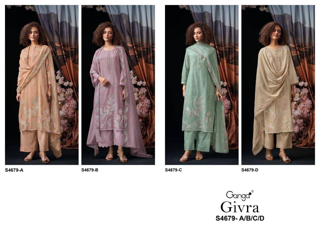 GIVRA 4679 By Ganga Fashion 4679-A To  4679-D Series Beautiful Festive Suits Stylish Colorful Fancy Casual Wear & Ethnic Wear PREMIUM PURE MUL SOLID Print Dresses At Wholesale Price